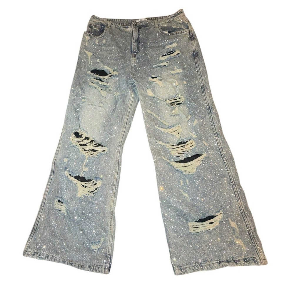 Vale Forever Valley Crystal Distressed Denim Jeans Rhinestone‎ 34 Wide Leg